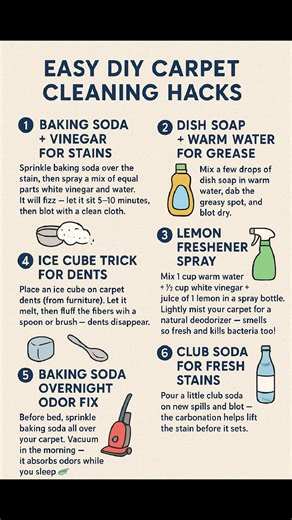 142K views · 544 reactions | 識✨ Say goodbye to stains and odors the easy way! These DIY carpet cleaning hacks will leave your floors fresh, fluffy, and spotless, no fancy machine needed!  #CleaningWithMrsKay #CleaningHacks #FreshHome #DIYCleaning | Cleaning with Mrs Kay | Facebook