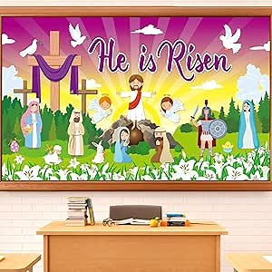 gisgfim Easter He is Risen Bulletin Board Decorations with Background Easter Religious Jesus Cutouts Christian Religious Spring Easter Bulletin Board for Sunday School Classroom Church Wall Decor