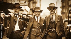 1920s gangsters in the streets, holding guns and wearing suits Stock Video