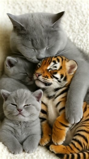 Cute Cat Protects Her Kittens and a Sweet Tiger cub.😽🐯