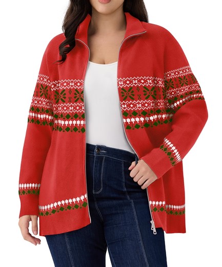 CASSIE LIZ Cardigans for Women Plus Size 2X Fall Sweaters Fashion Zip Up Red Pullover Casual Two Way Zipper Oversized Womens Lightweight Fair Isle Knit Holiday Winter Dressy 2XL 18W 20W