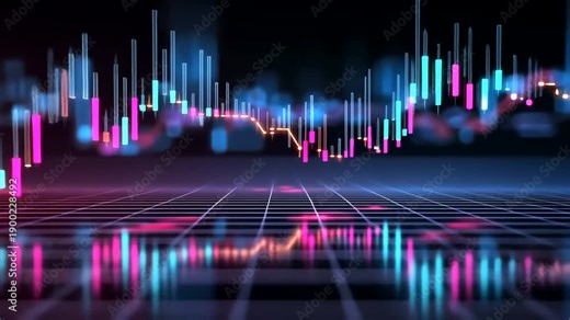 Futuristic financial graph with neon lights and grid background.