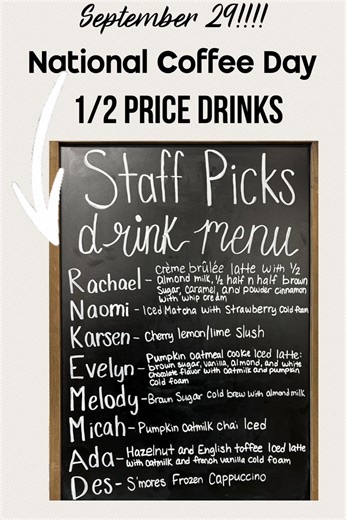 Tomorrow!!!! National Coffee Day☕️ Half off all our favorite drinks!!!! Open 7am-6pm!!! | The Coffee Shop