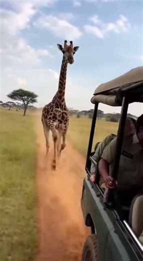 Giraffe Chases the Safari Jeep