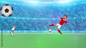 Super Soccer animated football intro, promo, starter video! Sports field with light, stadium full of cheering audience, player playing on field, caption text appearing at end.