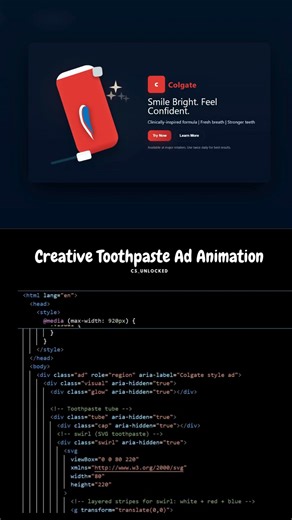Creative Toothpaste Ad Animation |HTML CSS JavaScript|Product Design|‪@cs_unlocked‬ #shorts #coding