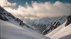 Mountains in winter, when swirling snow flows from the peaks under the influence of strong winds, create an unforgettable image of the majestic power of nature.
