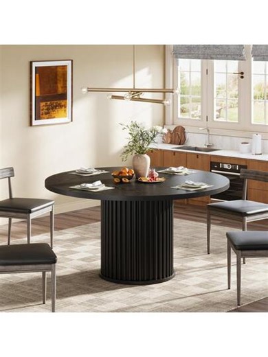 Black Circular Dining Table For 4-6 Occupants, 47.24-Inch Round Wood Kitchen Table With Strong Grooved Metal Base, Contemporary Dining Room Furniture, Black | SHEIN