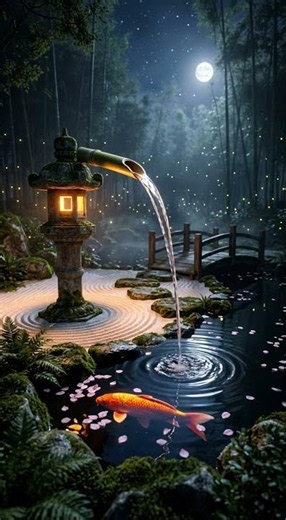 Bamboo Fountain at Night 🎋 Short Loop
