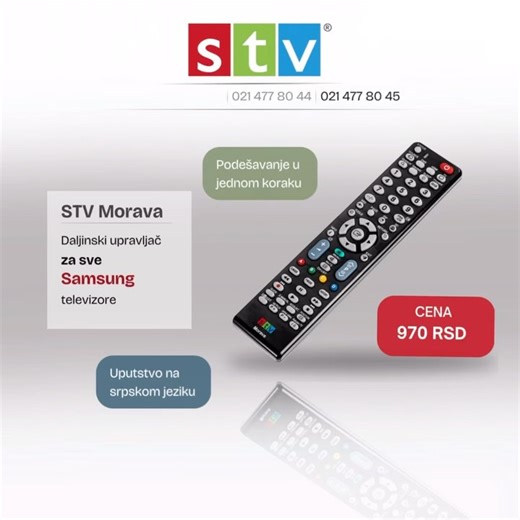Daljinski upravljač STV Morava je namenjen da u potpunosti zameni 99% svih modela LCD i LED televizora brenda SAMSUNG. Karaterišu ga izuzetno veliki domet, kao i širok ugao emitovanog signala što omogućava upravljanje televizorom i kada daljinski nije usmeren direktno ka televizoru. Maksimalno moguća brzina odziva na pritisak tastera upotpunjuje osećaj lakoće upravljanja televizorom. Više informacija potražite na našem veb sajtu. #tv #daljinski #daljinskizatelevizor #samsung #televizor | STV TV 