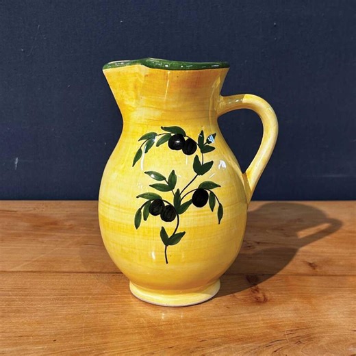 Mediterranean Olive Branch Ceramic Pitcher | Yellow Hand Painted Pottery Jug | Rustic Italian Style Kitchen Decor - Etsy
