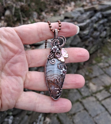 Amethyst Agate Pendant, Copper Wire Wrapped Flower Jewelry, Butterfly Accent - Etsy