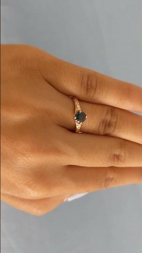 Round Cut Teal Sapphire Engagement Ring, 14k Rose Gold Filigree Ring, Tulip Ring