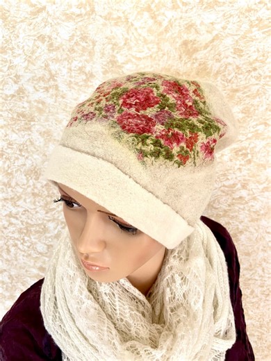 Handmade Nuno Felted Beanie: Merino Wool Floral Winter Hat - Etsy