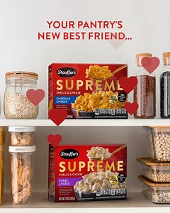 Stock up on the NEW Supreme Shells & Cheese and make your pantry the happiest its ever been! Introducing our shelf-stable mac & cheese that’s ready in 10 minutes on your stovetop! ❤️ It’s supremely creamy and supremely cheesy with 10% MORE CHEESE sauce than Velveeta®* 👀 All you need is a burner and a bowl! 🧀 Comment if you're going to try this! | Stouffer’s