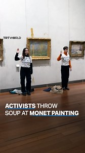 Climate activists threw soup at the bullet-proof glass protecting Monet's "Springtime" in the Beaux Arts museum in Lyon, France on Feb 10. The group behind the incident, known as "Riposte alimentaire" or "Food counterattack," had previously targeted the Mona Lisa in Paris. | TRT World