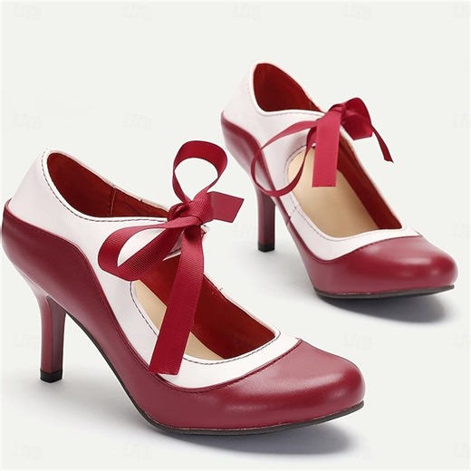 Elegant Vintage Two-Tone Red and White Ribbon-Tie Pumps for Women