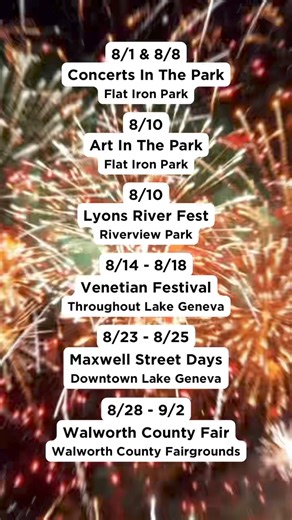🎉 August 2024 Lake Geneva events & festivals have landed 🎉 Share this post and tag your friends to get the planning started! 👏 Visit our website for a full list of upcoming events. ⏩ https://www.visitlakegeneva.com/events/ What are you excited for this summer? 8/1 - Concerts In The Park: Haulin’ Brass 8/8 - Concerts In The Park: Natty Nation 8/10 - Art In The Park 8/10 - Lyons River Fest 8/14 - 8/18 - Venetian Festival 8/23 - 8/25 - Downtown Lake Geneva Maxwell Street Days 8/29 - Walworth Cou