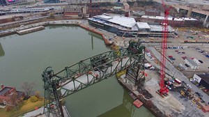 Work is underway to remove the Eagle Ave. lift bridge in Cleveland. Crews are currently working to remove items and materials off the bridge so it can be safely lowered. In early 2026, the span will be lowered onto barges and be fully disassembled. The towers will then be demolished. | Ohio Department of Transportation District 12 Cleveland
