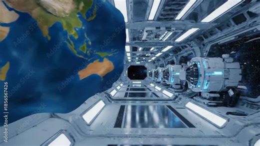 Moving Through a Futuristic Corridor With Earth Map Display