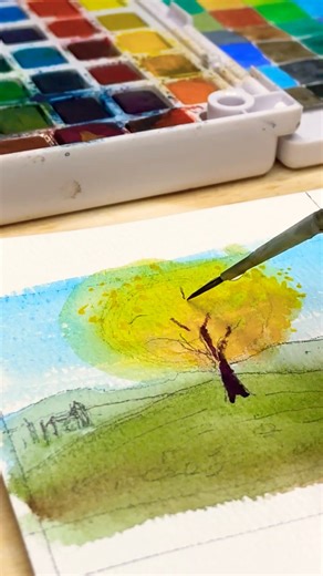 This blending trick makes trees glow #watercolortutorial #painting #hack