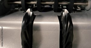 Close up shot of bank equipment for money calculation working counting currency bills. Financial operation. Cash credit. A lot of banknotes being counted by a bank automatic machine device. Banking