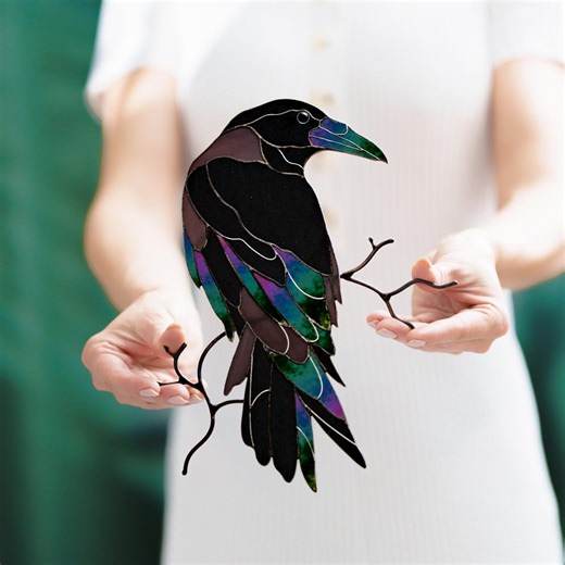 Gothic Raven Stained Glass Wall Decor Raven Bird on Branch Window Hanging Halloween Gift Custom Stained Glass Suncatcher Spiritual Decor - Etsy
