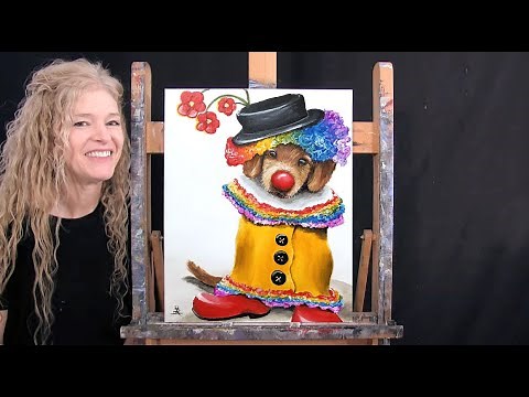 How to Draw & Paint Halloween "PUPPY CLOWNING AROUND" - Paint and Sip at Home - Easy Acrylic Lesson