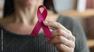Lady showing hiv or aids awareness symbol, volunteering for charity campaign for prevention immunity disease, cancer, elderly healthcare support. Hand of mature woman holding red ribbon. Close up