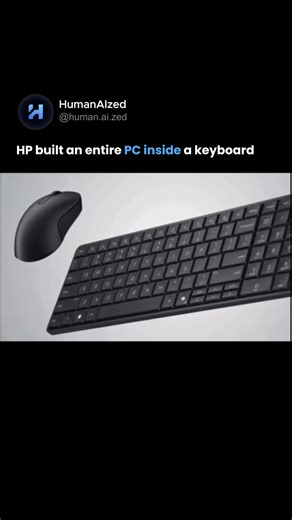 HumanAIzed on Instagram: "HP built an entire PC inside a keyboard ⌨️💻 HP has introduced the EliteBoard Gla, a next-generation AI PC that compresses a full desktop computer into a keyboard just 12mm thick 💀 Instead of a traditional tower or laptop, all computing hardware is embedded directly beneath the keys 🎯 Turning a simple keyboard into a complete workstation ✨ Powered by AMD's Ryzen AI 300 Series processors, the system delivers up to 50 TOPS of on-device AI performance while maintaining d