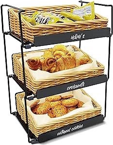 3 Tier Countertop Willow Basket Stand, Chalk Label & Removable Baskets, Retail Tower Storage Shelves Cookie Candy Display Rack