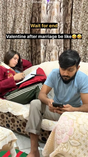 Shallu Bhagat on Instagram: "Valentine after marriage 😂😂😂 Shaadi ke baad Valentine ka matlab alag hi hota hai ☕️😂 #valentine #valentinesday #husbandwife #couples #couplereel"