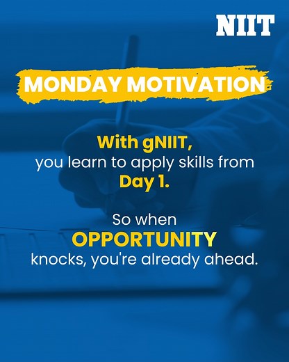 At NIIT, we don’t just teach, we make you apply. With gNIIT, you gain industry-ready skills through real-world projects and expert mentorship. ✨🚀 This Monday, don’t wait, take action!🎯 #MondayMotivation #NIIT #UnlockWithNIIT #gNIIT #BeRealWorldReady | NIIT