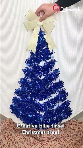 Creative blue tinsel Christmas tree! #christmasideas #diydecor #holidayvibes