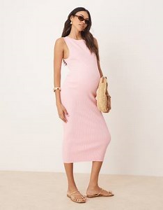 ASOS DESIGN Maternity knitted slash neck midaxi dress in wide rib in pink | ASOS