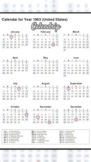 Calendar 1963 #monthsoftheyear