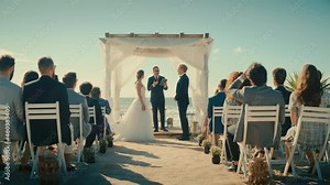 Beautiful Bride and Groom During an Outdoors Wedding Ceremony on a Beach Near the Ocean. Perfect Venue for Romantic Couple to Get Married, Kiss and for Friends with Multiethnic Cultures to Celebrate.