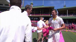 Always a special moment as the two teams present Glenn McGrath with their pink caps at the SCG! The caps will be up for auction to support the McGrath Foundation at PinkTest.com.au | Australian Men's Cricket Team