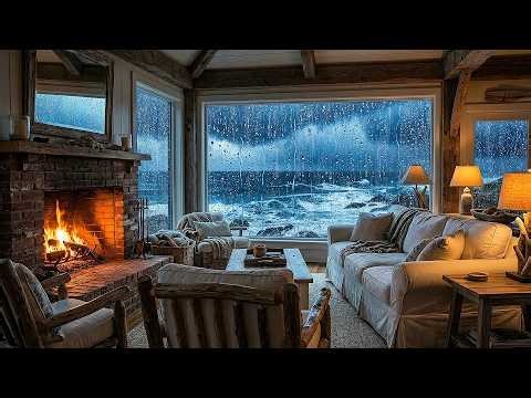 A Rainy Morning at the Beach House 🌊 Crashing Waves, Rain on Glass & Warm Fire [NO ADS]