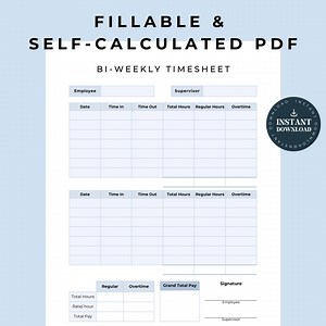 Biweekly Timesheet Template Self Calculating PDF Time Tracker Work Hours Log Time Sheet Printable Payroll Calculator Employee Log - Etsy