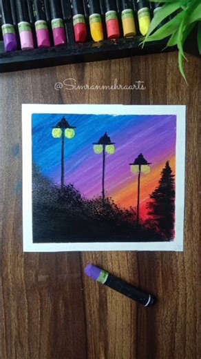 Mesmerizing Sunset☀️ Street Light Drawing 🌇 Oil Pastel Scenery Art #new#art#painting#shorts #drawing