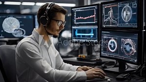 close-up of a neurotechnology researcher exploring brain-computer interfaces, with EEG electrodes and brainwave patterns displayed on monitors