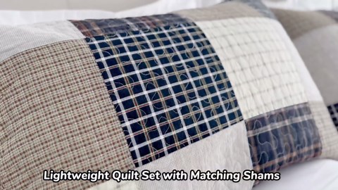 Quilts Queen Size - 100% Cotton Quilt Set with Matching Shams, Real Patchwork Plaid Reversible Quilt for Queen Bed, 3 Pieces Lightweight Coverlet Set for All Season, Brown/Beige/Charcoal