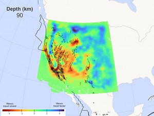 With seismic tomography, scientists map out large regions where seismic waves travel slower or faster than average to develop images of individual slices through Earth's interior. Seismic waves travel faster through cold, stiff materials, like a subducting plate, and slower through warmer materials, like hot rock rising to the surface. These models—with areas where seismic waves travel more quickly in blue, and slower areas in red—allow scientists to infer structures like sinking tectonic plates