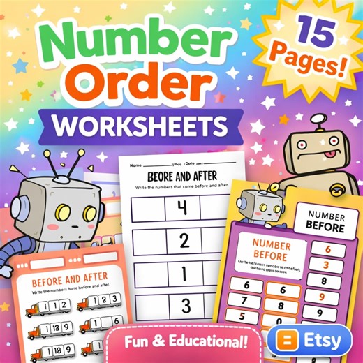 Number Order Worksheets | Preschool Before and After Math Activity (PDF Download) - Etsy