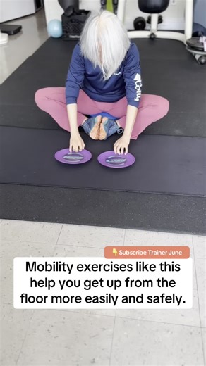 Trainer June on Instagram: "🌟 Exercise for 50+ | Floor Seated Slider Stretch & Strength 🌟 👉Sit on the floor in a butterfly position (soles of the feet together). 👉Place your hands on two sliders and keep your back tall and straight. 👉 Slowly slide your hands forward as far as you can with control, then return. 👉 Move with your breath and avoid rounding your back. ✅ Try 20–30 reps at a comfortable pace. ✨ Why this exercise is great for 50+: • Gently stretches the spine and lower back • Impr