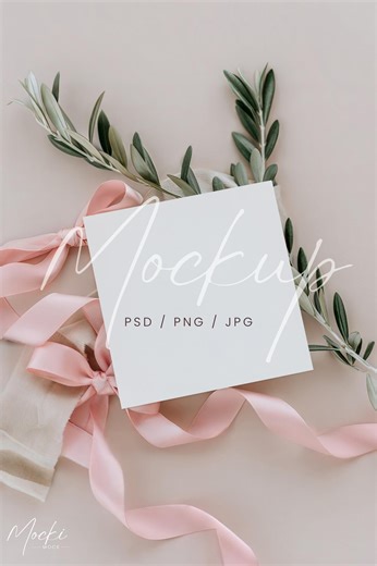 Coquette Square Card Mockup – Pastel Pink Bows Invitation (PSD PNG) - Etsy