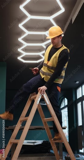 Electrician installing modern hexagon LED ceiling lighting in contemporary interior, using tools and tablet during electrical setup. Professional indoor renovation and smart lighting installation.