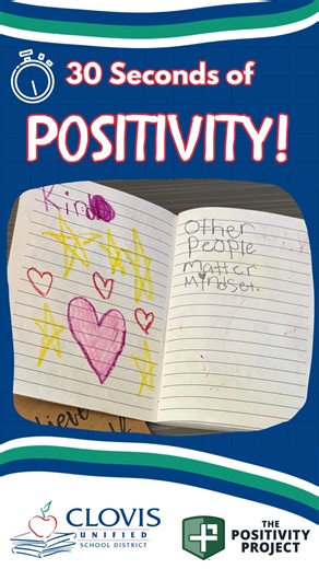 🍎 POSITIVE WORDS IN 30 SECONDS What we say and what we do impact others and our relationships with them! "Remembering that my words and actions affect others" -- one of five elements of the "Other People Mindset" taught through the Positivity Project -- was the recent focus on many Clovis Unified campuses. Students at Cedarwood and Fancher Creek elementary schools practiced using kind words to each other in the classroom, and used positive language to work together and create paper chains. Ask 