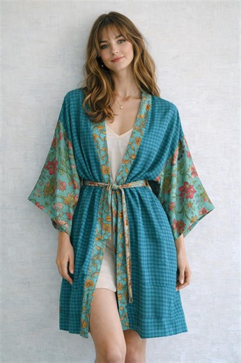 Silk Short Kimono Wrap Robe, Boho Paisley Lounge Jacket, Asian Inspired - Etsy